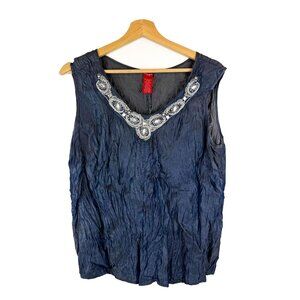 VTG Olsen Europe Dark Navy Blue Acetate Crinkle Beaded Sleeveless Top M
